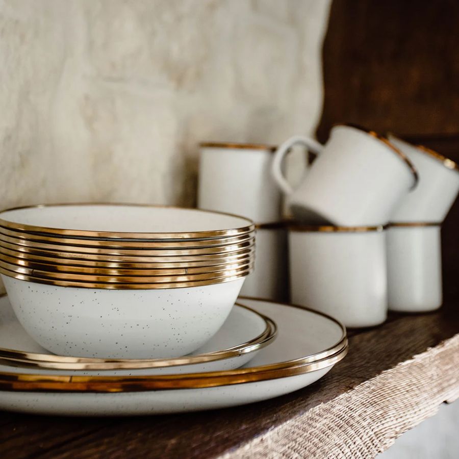 2 speckled white enamel soup plates