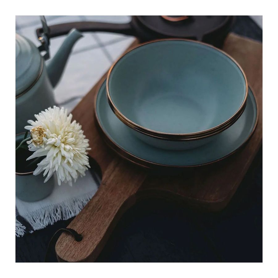 2 speckled seafoam green enamel bowls or soup plates