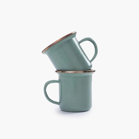 2 aqua green speckled enamel espresso cups