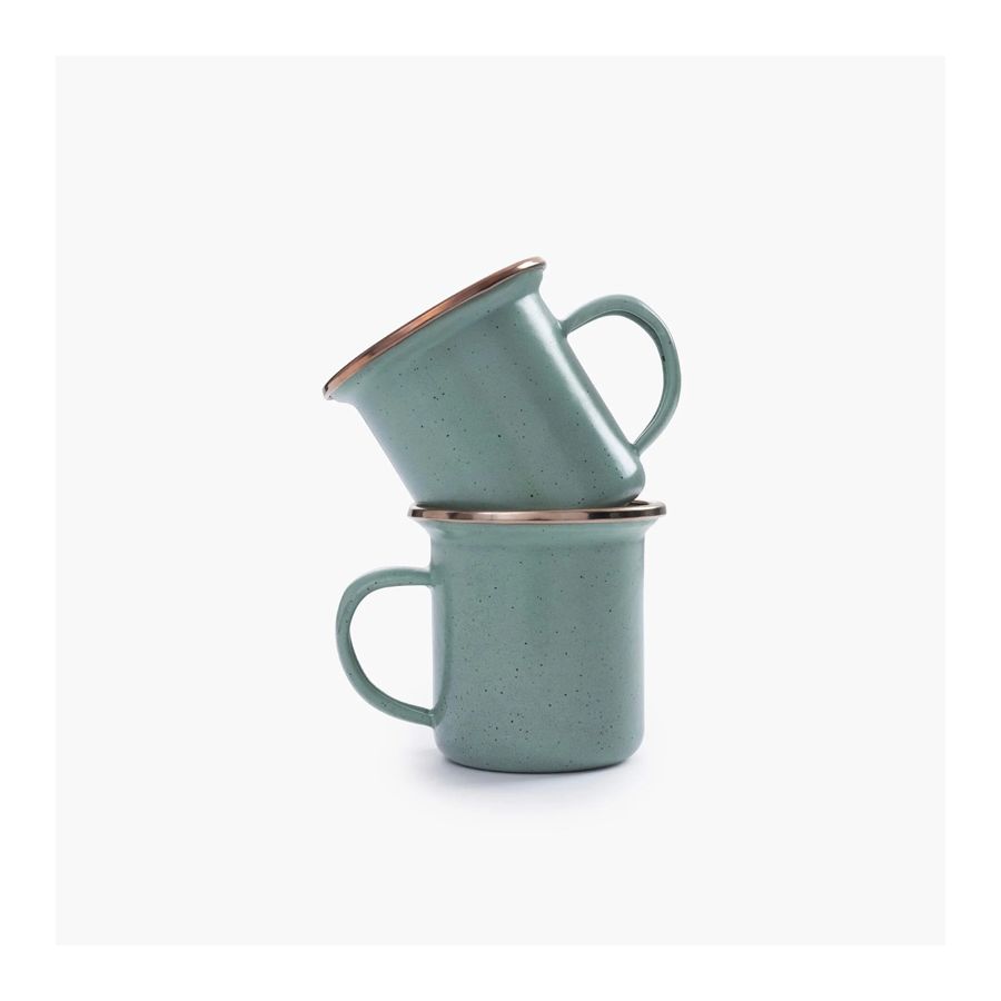 2 aqua green speckled enamel espresso cups