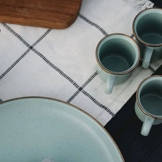 2 aqua green speckled enamel espresso cups