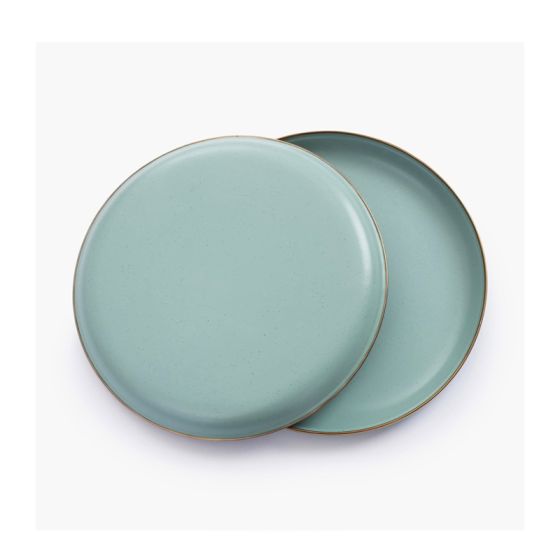 2 aqua green enamel dinner or dessert plates