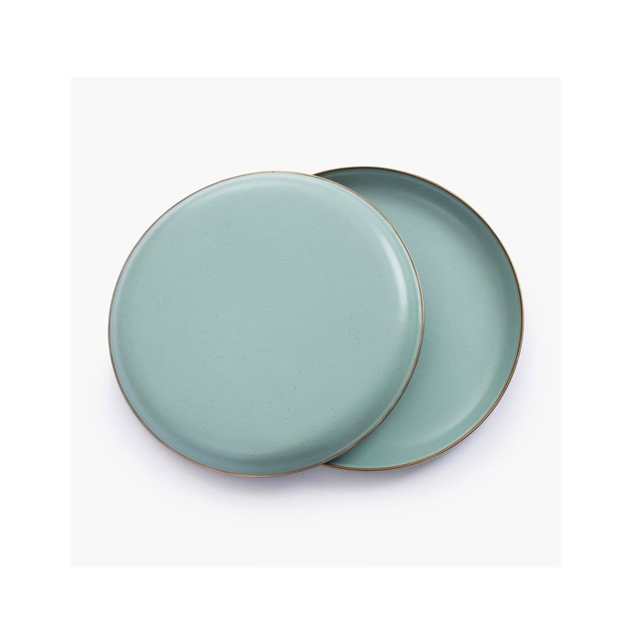 2 aqua green enamel dinner or dessert plates