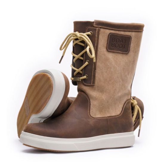 Brown leather and canvas tall sailing boots