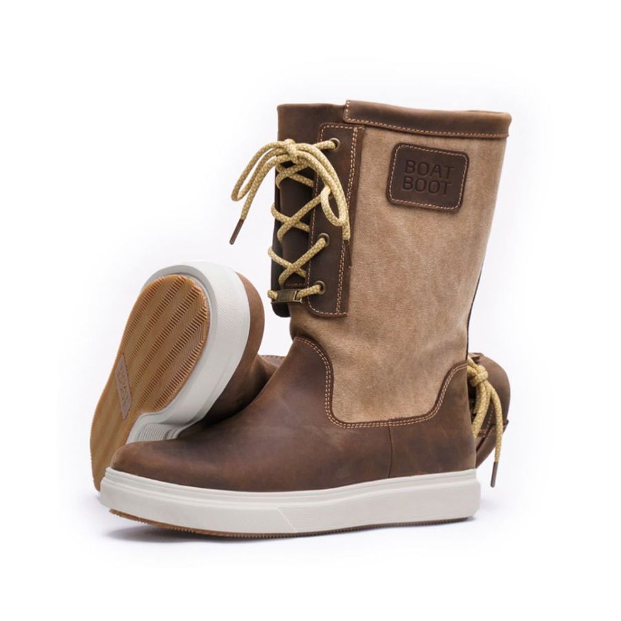 Brown leather and canvas tall sailing boots