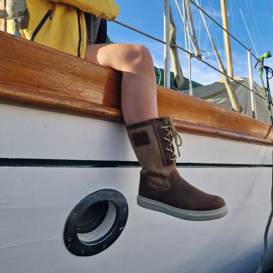 Brown leather and canvas tall sailing boots