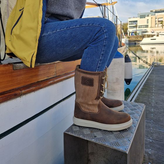 Brown leather and canvas tall sailing boots