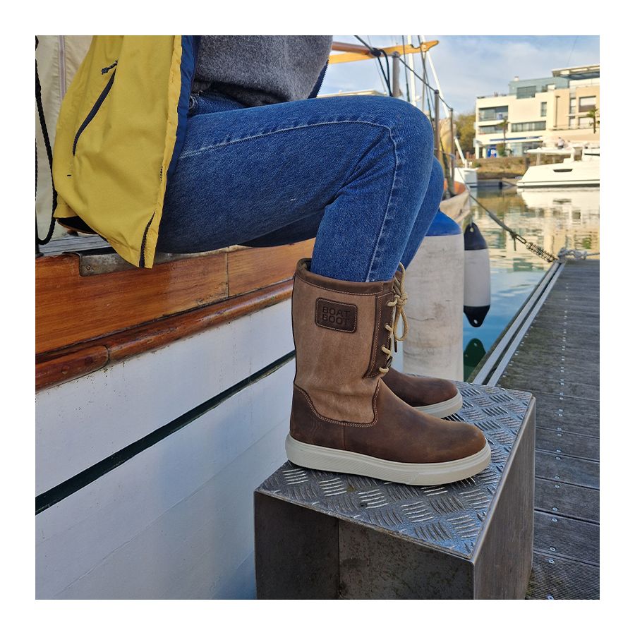 Brown leather and canvas tall sailing boots