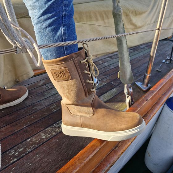 Brown leather and canvas tall sailing boots