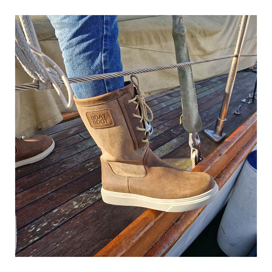 Brown leather and canvas tall sailing boots