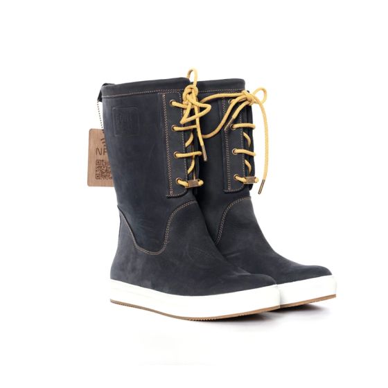 Tall navy blue leather sailing boots with laces