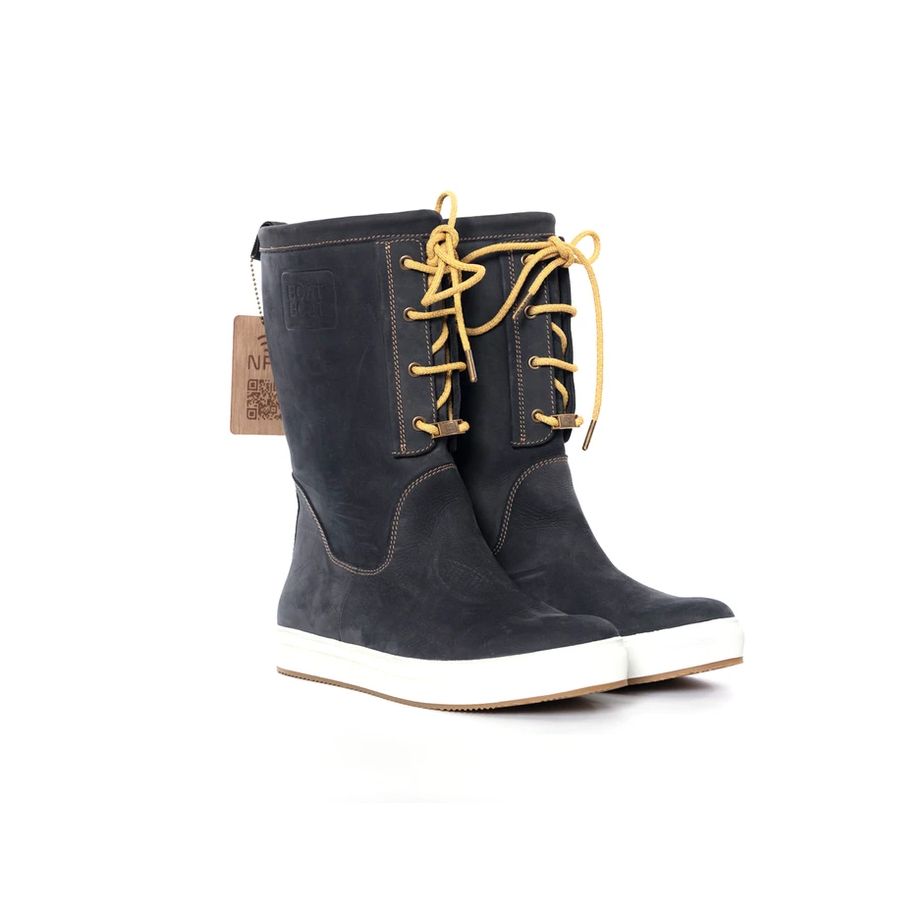 Tall navy blue leather sailing boots with laces