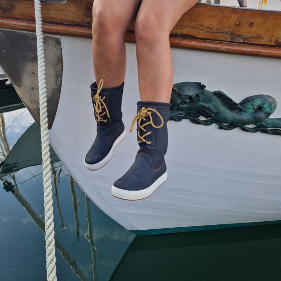 Tall navy blue leather sailing boots with laces