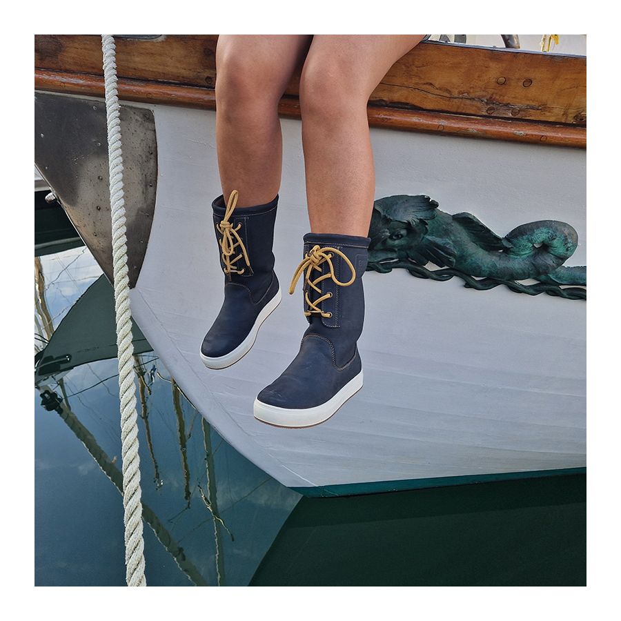 Tall navy blue leather sailing boots with laces