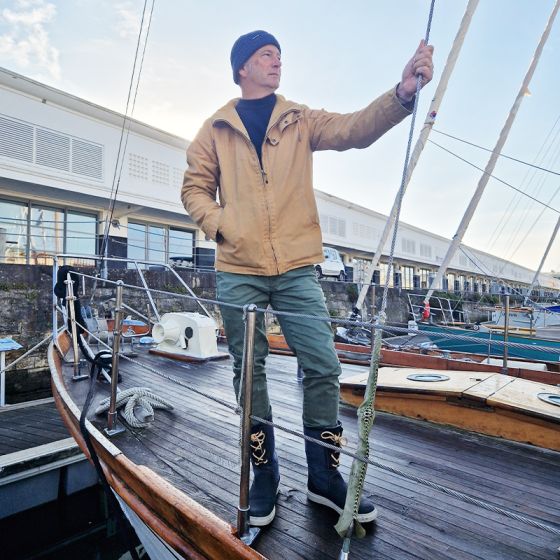 Tall navy blue leather sailing boots with laces