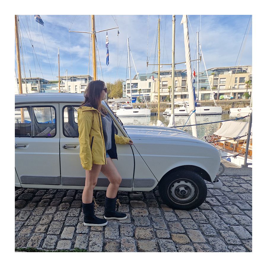 Tall navy blue leather sailing boots with laces