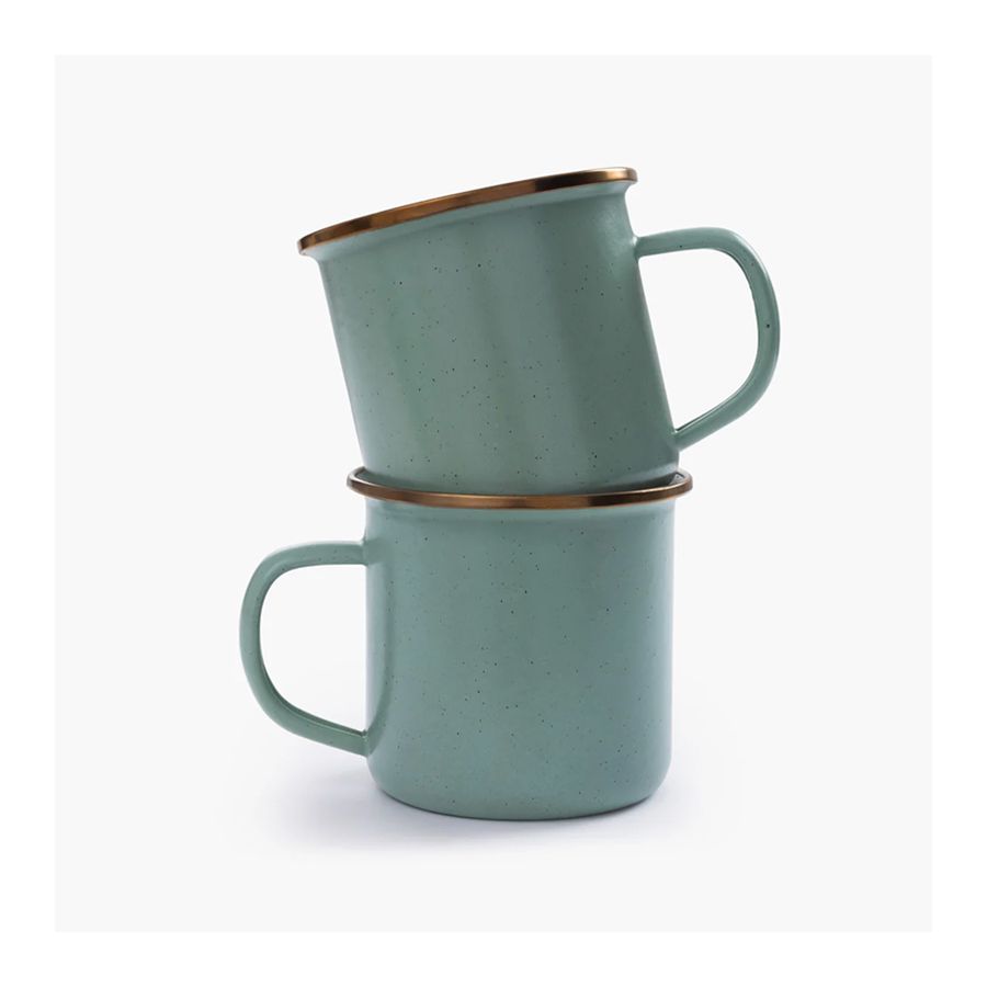 2 durable speckled seafoam green enamel steel mugs