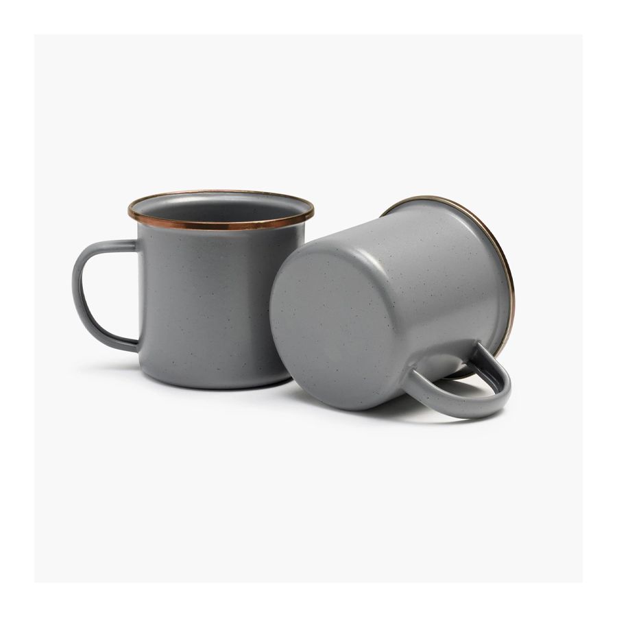 2 speckled grey mugs with bronze rim in enamelled steel